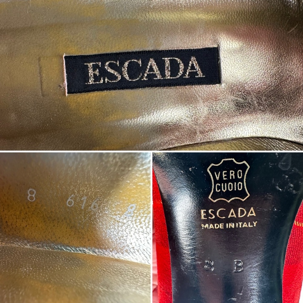 Vintage ESCADA Red Plaid Suede Kitten Heels Pumps 8 B Made in Italy Leather Sole - Picture 9 of 13
